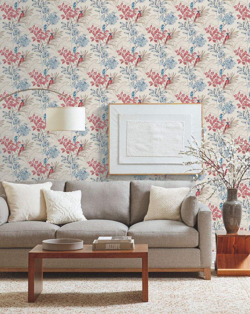 Handpainted Songbird Red & Blue Wallpaper image number 3