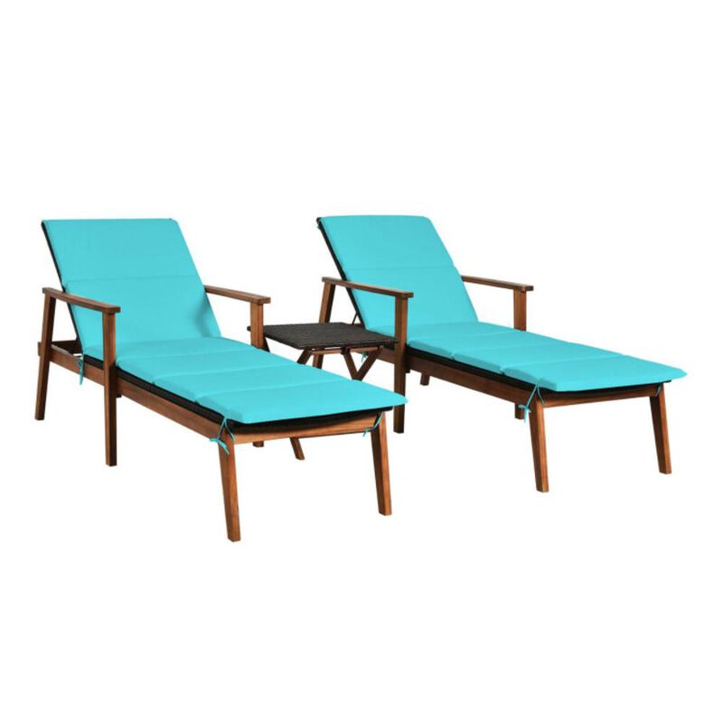 Hivvago 3 Pieces Portable Patio Cushioned Rattan Lounge Chair Set with Folding Table