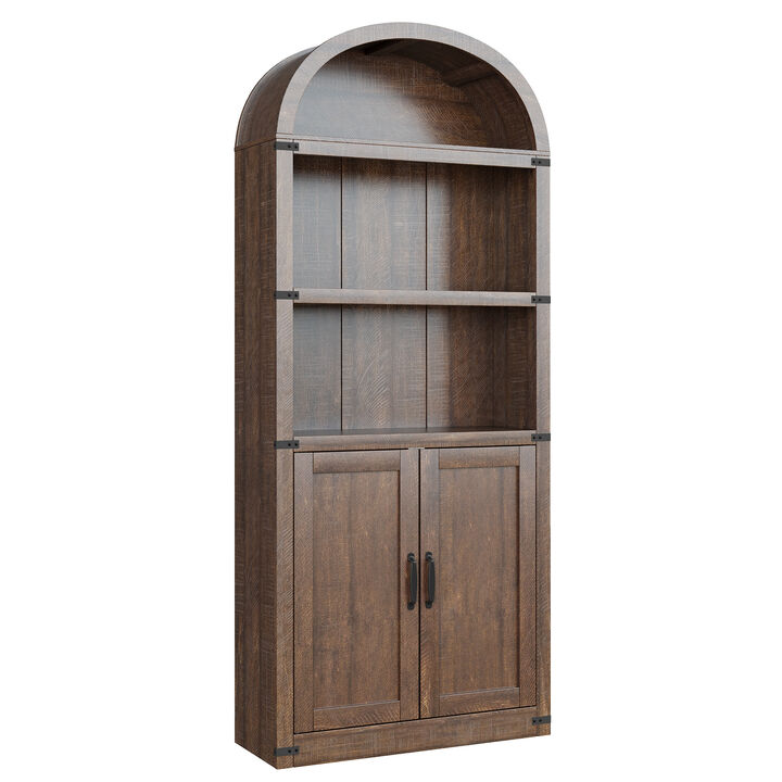 Vintage Farmhouse Arched 5-Tier Wooden Bookcase with Doors, Tall Display Cabinet for Living Room, Home Office and Bedroom