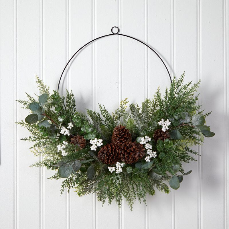 Hivvago 28" Christmas Pine, Eucalyptus, and Berries Metal Circlet Artificial Wreath