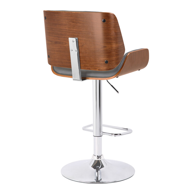 London Grey Faux Leather Adjustable Height Swivel Walnut Wood and Chrome Stool