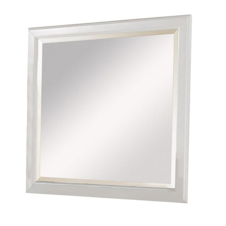 Wall Mirror with Rectangular Frame and Raised Edges, White-Benzara