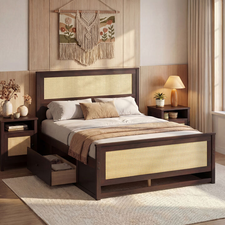 Woven Rattan Bed Frame with Drawer Storage for Modern Bedroom