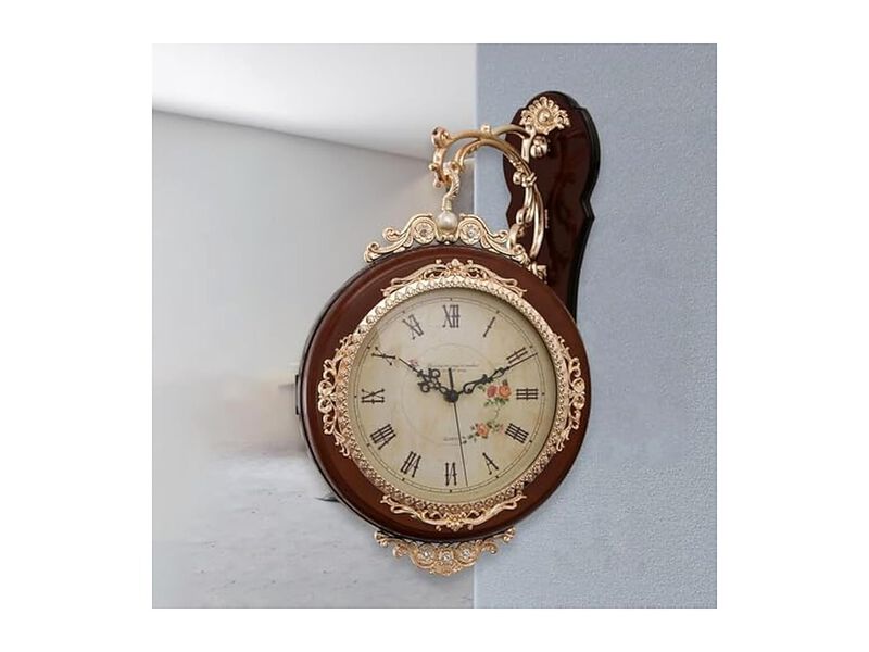 Double Sided European Antique Mounted Wall Clock Silent Outdoor Brown image number 3