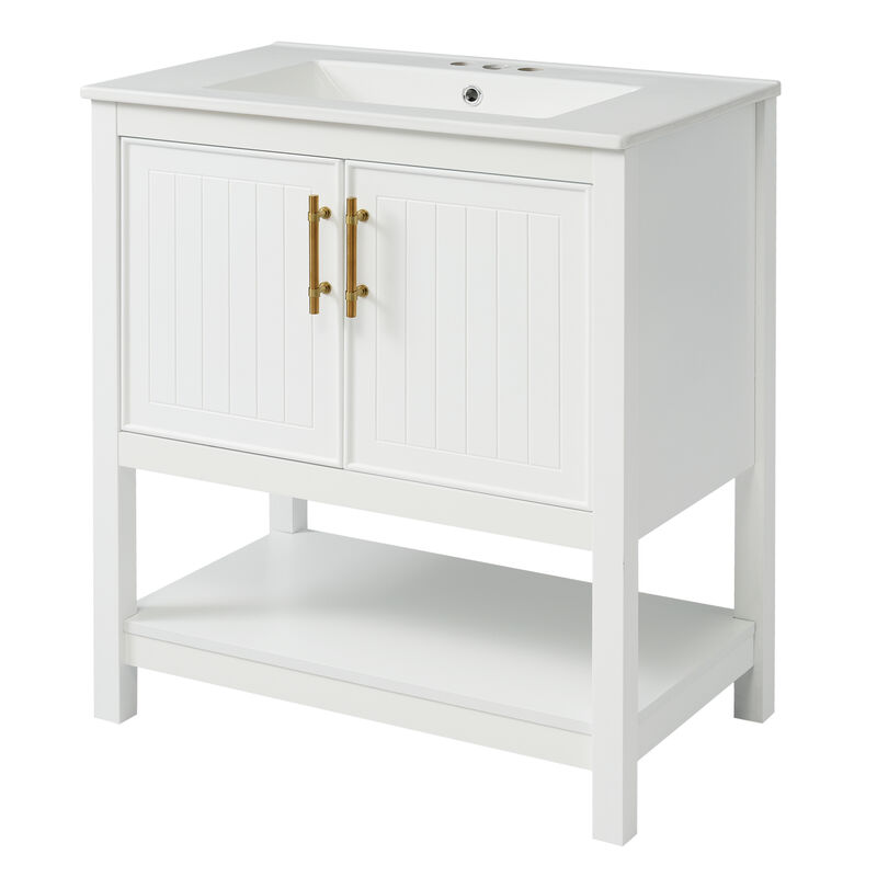 Whisen 30" Bathroom Storage Cabinet Bathroom Vanity with Ceramic Sink, Soft Close Doors and Open Shelf