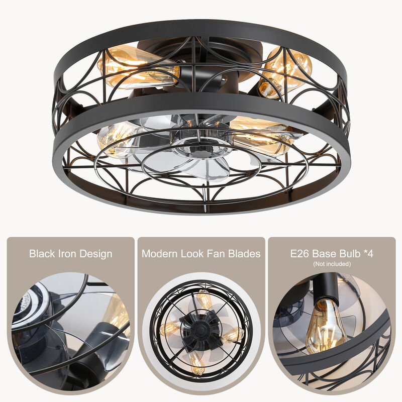 Breezary 16.5" Vintage Cage Ceiling Fan with Light, 7 Blades, 6 Speed, Low Profile Flush Mount, Reversible Airflow image number 4