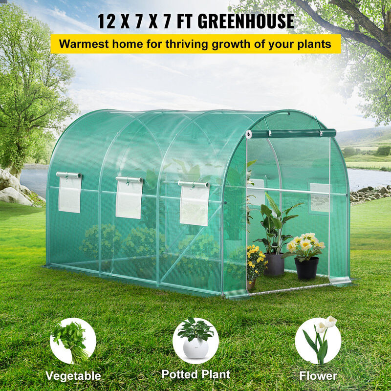 Outdoor Walk-In Greenhouse with Zippered Door, Roll-Up Windows and Steel Frame-Green image number 1