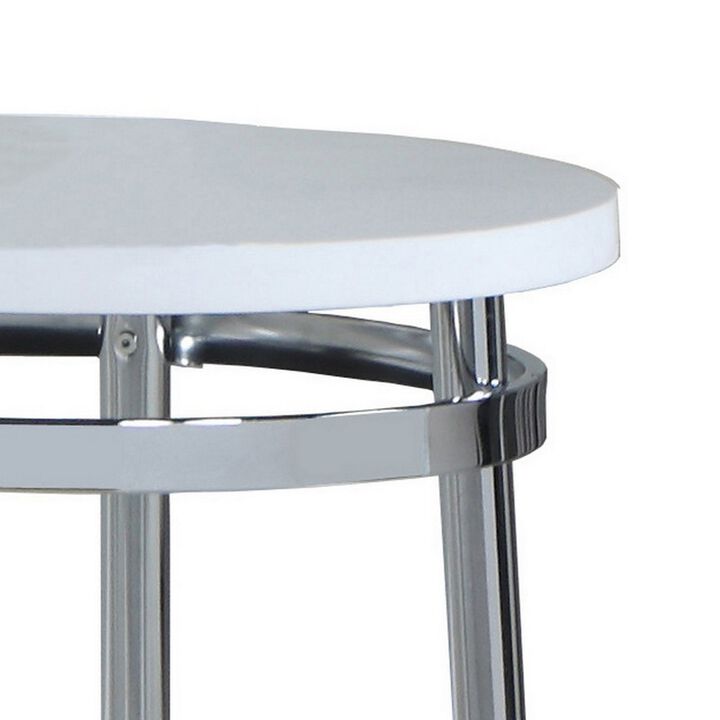 Round Faux Marble Top End Table with Metal Tubular Legs, White-Benzara