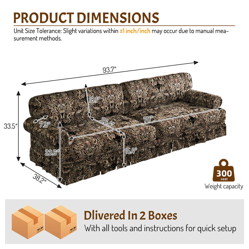 Whisen Mid-Century Sofa, Oxford Fabric Cloud Couch with Elegant Rolled Arms and Pleated Skirt Design