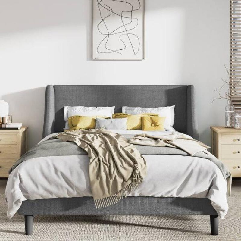 Hivvago Full Size Grey Linen Blend Upholstered Platform Bed with Wingback Headboard