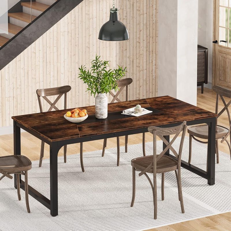 Tribesigns 78.7" Dining Table for 6-8, Industrial Kitchen Table with Metal Frame, Large Rectangular Wood Table that Doubles as Home Office Desk or Conference Table, Rustic Brown and Black image number 5