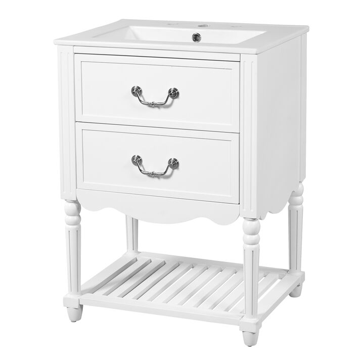 ELEMENT ACE 24 Inch Bathroom Vanity with Ceramic Sink, Bathroom Storage Cabinet with Two Soft-Close Drawers and Open Shelf, Vintage Elegant Wave Design for Bathroom Use