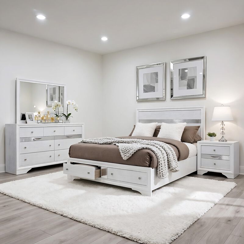 Cevy 4pc Queen Bedroom Set with Dresser, Silver Accents, White Wood image number 6