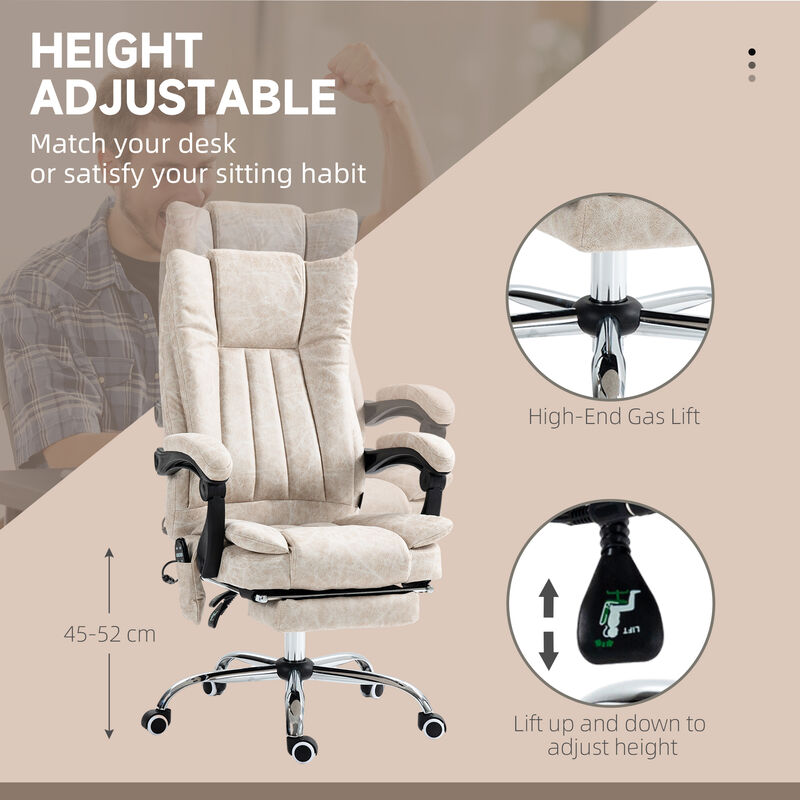 Vinsetto Microfiber Office Chair, High Back Computer Chair with 6 Point Massage, Heat, Adjustable Height and Retractable Footrest, Cream White