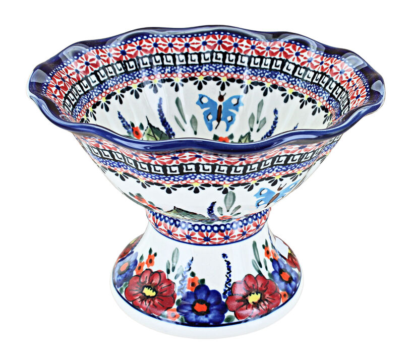 Blue Rose Polish Pottery Peacock Small Pedestal Fruit Bowl