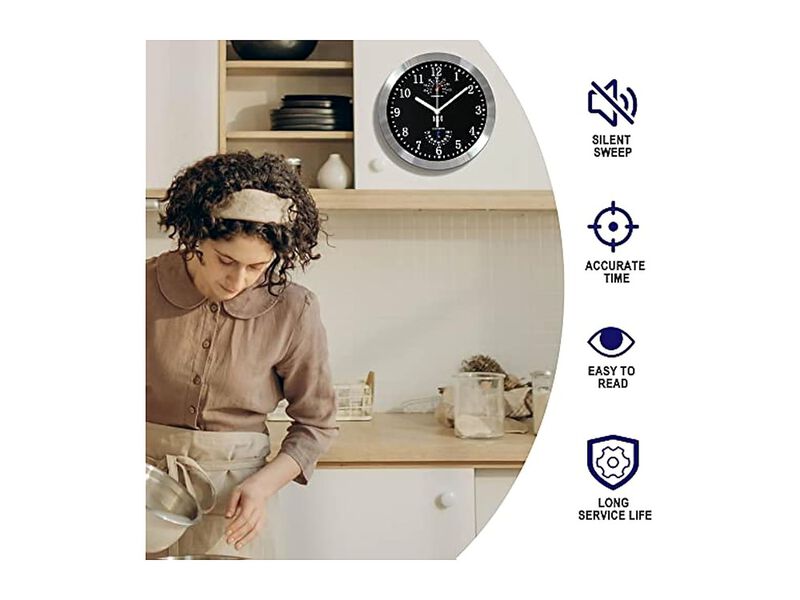 Glass Silver Aluminum Black Wall Clock 10 Inch Silent Non Ticking image number 2