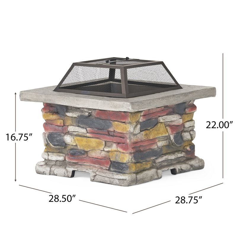 Mondawe 28.50 Inch Square Natural Stone Outdoor Patio Fire Pit with Spark Screen and Poker
