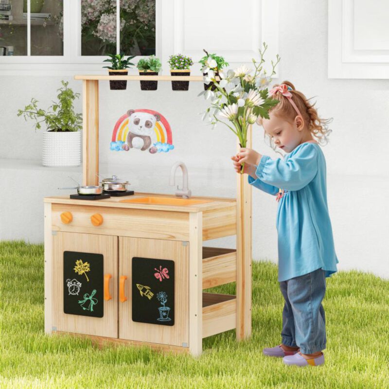 Hivvago Kids Mud Kitchen Fir Wood Playset with Planting Pots and Blackboards