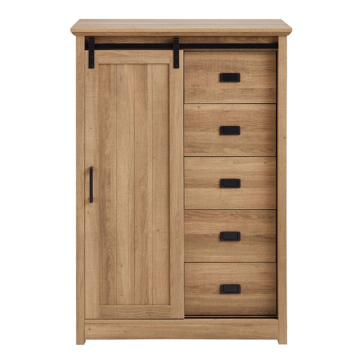 5 Drawers Dresser With Sliding Barn Door, Farmhouse Tall Dresser 5 Chest of Drawers, Storage Organizer Dresser