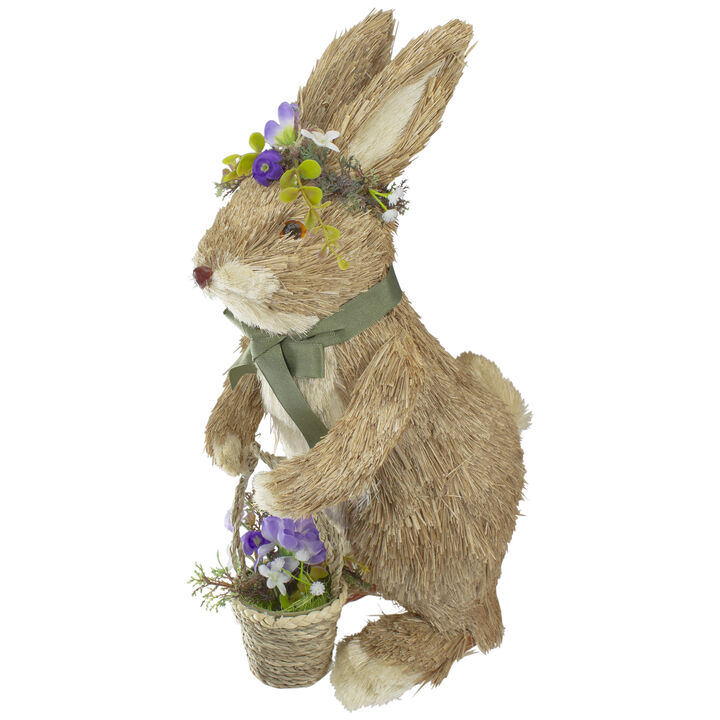 15" Brown Sisal Bunny Rabbit with Basket Easter Figure