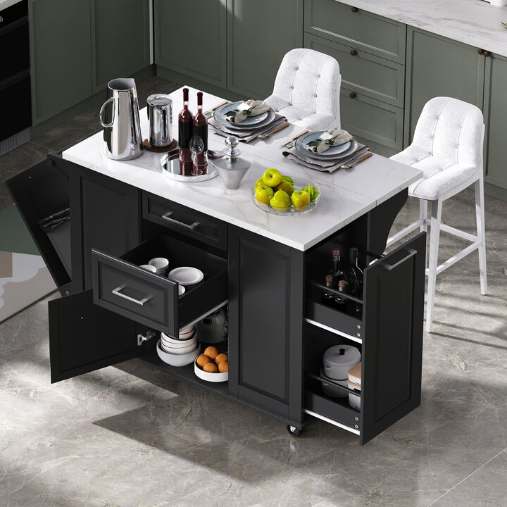 Merax Mobile Kitchen Island with Trash Cabinet & Drop Leaf &ndash; 2-Tier Pull-Out Organizer