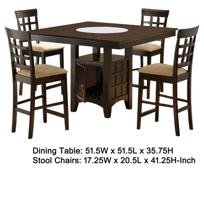 Uric Counter Height Dining Table w Wine Storage, 4 Lattice Chairs, Brown - Benzara
