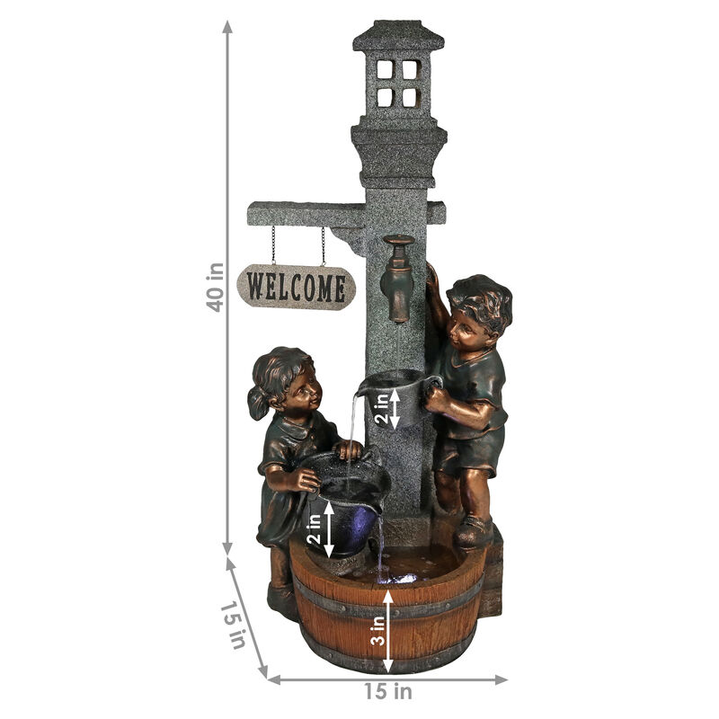 Sunnydaze Children Playing at Faucet Water Fountain with LED Lights - 40 in