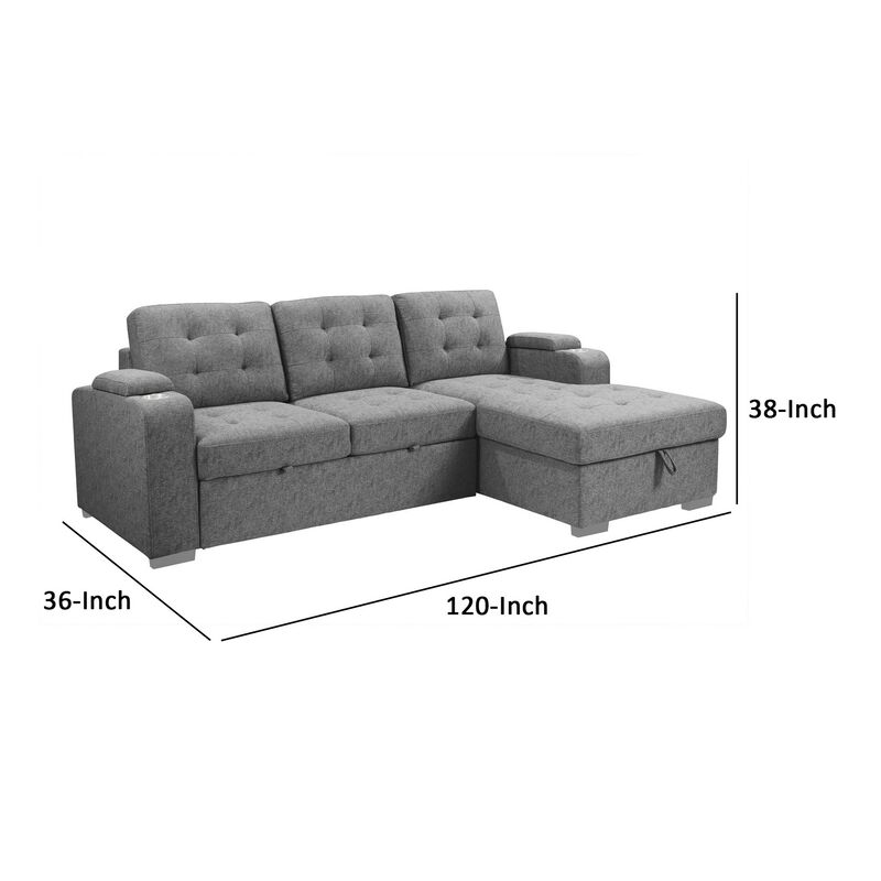 120 Inch Sleeper Sectional Sofa Bed with Storage, Modern Tufted Gray Fabric - Benzara image number 4