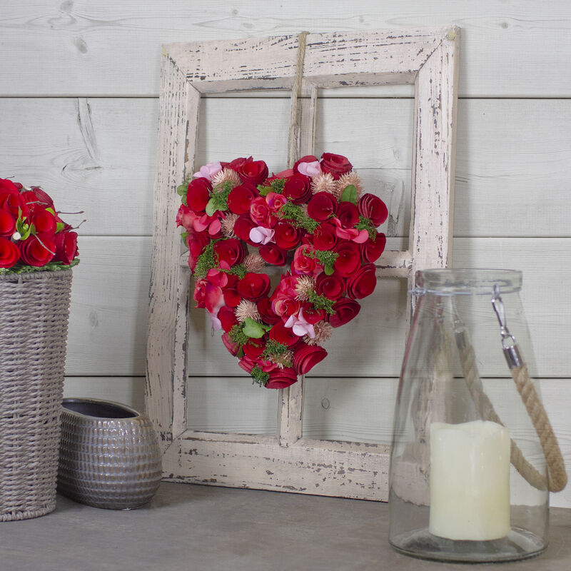 10" Red Wooden Rose Floral Heart Shaped Artificial Valentine's Day Wreath image number 1