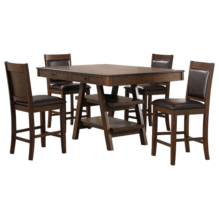 Wey 5pc Counter Height Dining Table and 4 Chairs Set, Brown, 2 Shelves - Benzara