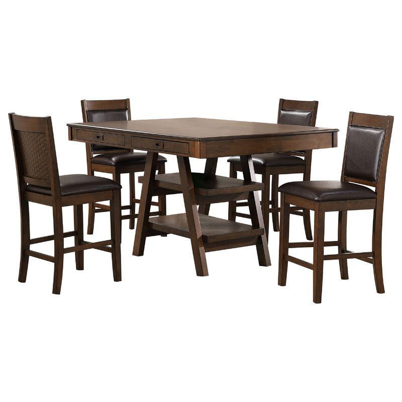 Wey 5pc Counter Height Dining Table and 4 Chairs Set, Brown, 2 Shelves - Benzara