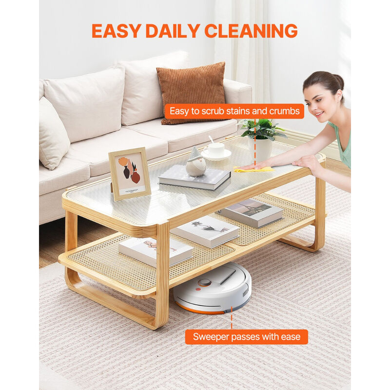 Rectangular Rattan Coffee Table with Glass Top and Wood Legs for Living Room or Bedroom