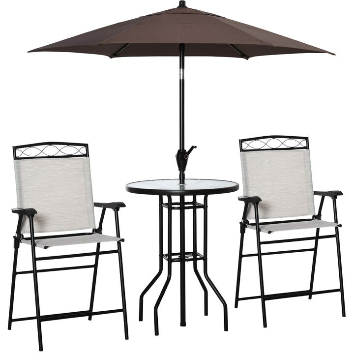 4 Piece Patio Bar Set for 2 with 6' Adjustable Tilt Umbrella, Outdoor Bistro Set with Folding Chairs & Glass Round Dining Table, Cream White
