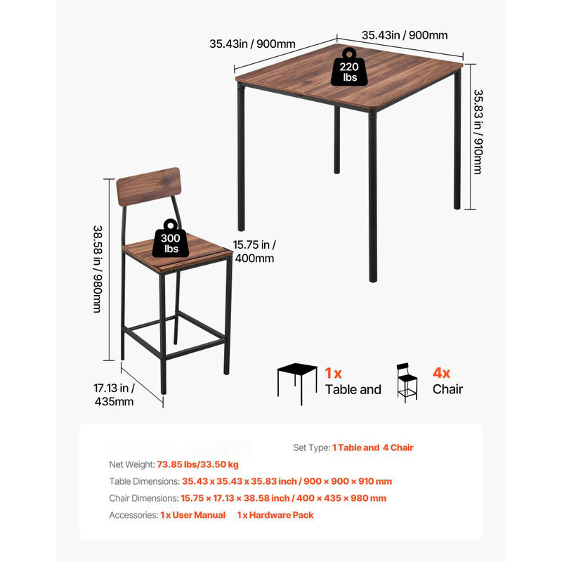 5-Piece Bar Table and Chair Set with Square Pub Table image number 2