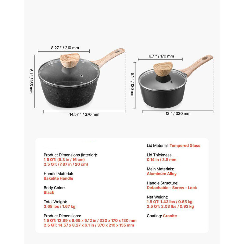 Saucepan Set of 2 Nonstick Pots with Glass Lids and Removable Handles for Cooking-Black image number 2