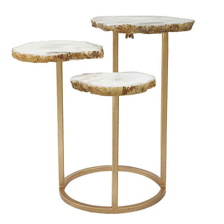 Benjara 18 Inch Accent Side Table, 3 Tier Design, Agate Top, Iron Base, White and Gold