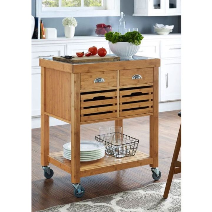 Hivvago Stainless Steel Top Bamboo Wood Kitchen Cart with Casters