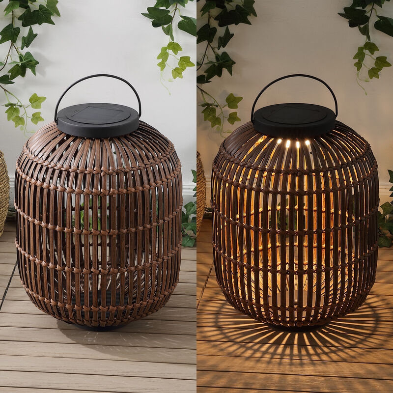 Nara 20.5" Modern Global Faux Rattan Integrated Indoor/Outdoor LED Solar Powered Lantern