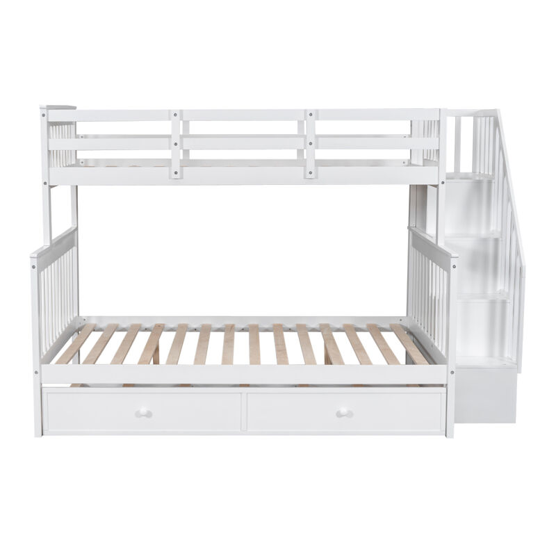 Twin Over Full Bunk Bed with Twin size Trundle, Storage and Guard Rail for Bedroom, Dorm, for Adults, White