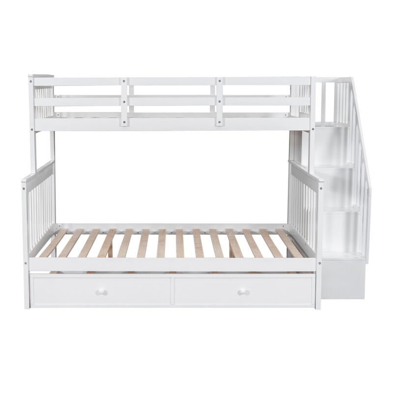Twin Over Full Bunk Bed With Twin Size Trundle, Storage And Guard Rail For Bedroom