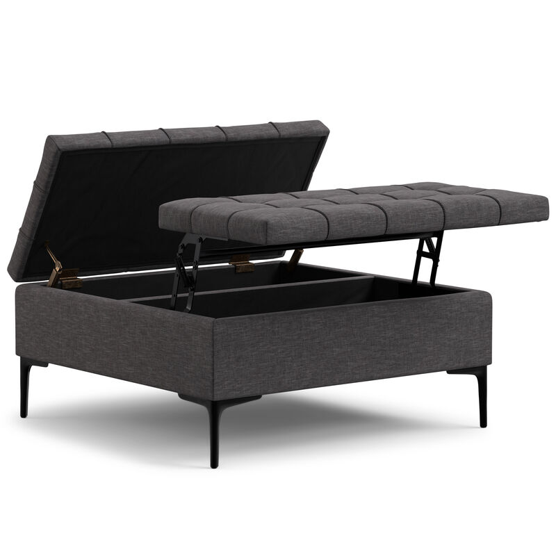 Laura 36 inch Wide Transitional Square Mid Century Lift Top Storage Ottoman in Slate Grey Polyester Linen, Assembled