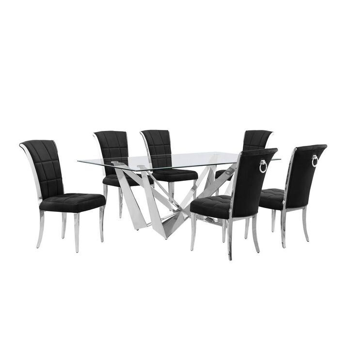 7pc Small(78") glass dining set with silver base and 6 Black side chairs