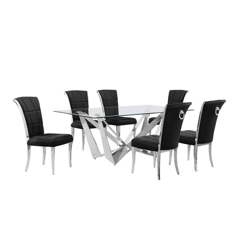 7pc Small(78") glass dining set with silver base and 6 Black side chairs