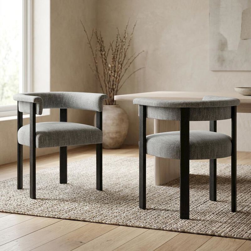 Fabric Upholstered Barrel Dining Chairs, Heathered Weave Ivory Black, Set of 2 image number 5