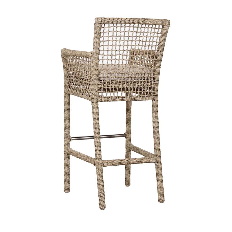 Zev 31 Inch Outdoor Bar Stool Chair, Rope Woven, Ivory Olefin Fabric Seat-Benzara
