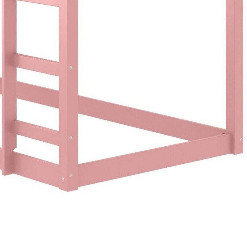 Twin Loft Bed with Wooden Frame and Attached Ladder, Pink-Benzara