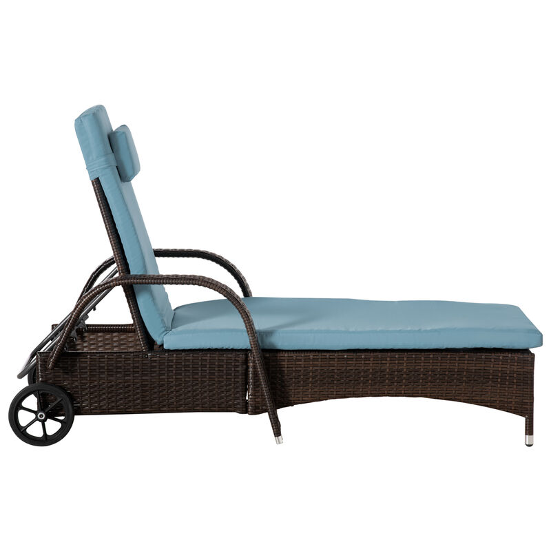 Outsunny Chaise Lounge Set of 2 with 5 Angle Backrest, Wheels, Armrests, Outdoor Coffee Table, Cushions, PE Rattan Wicker Poolside Chairs, 3-Piece Pool Furniture Set, Blue