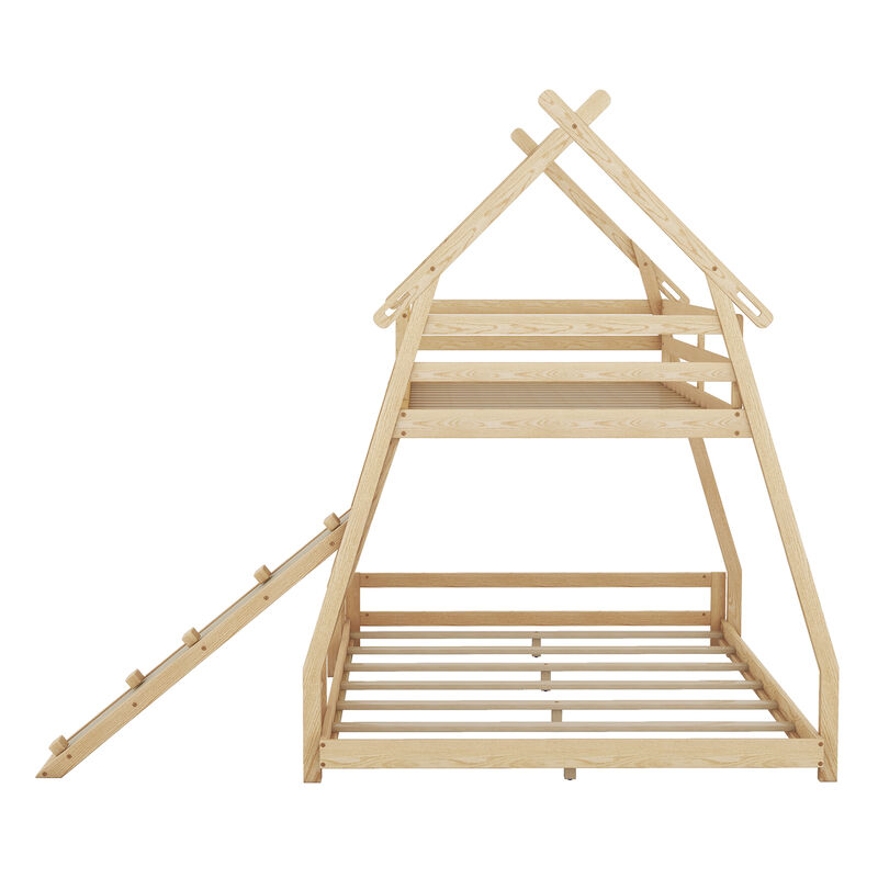 Whisen Twin over Queen House Bunk Bed with Climbing Nets and Climbing Ramp