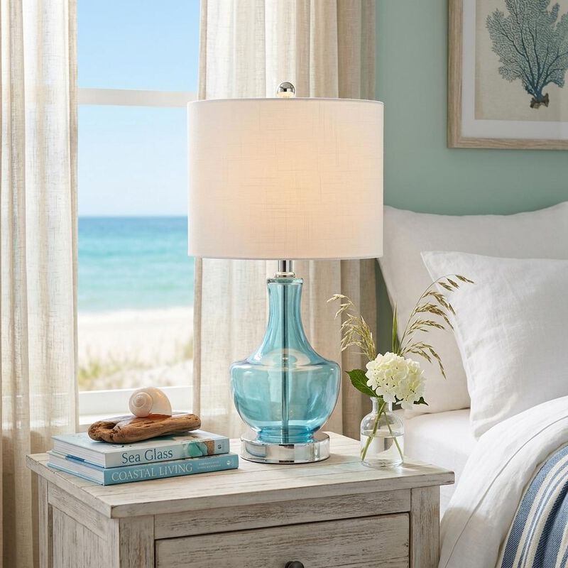 HomeRoots 20" Turquoise And Silver Glass Gourd Table Lamp With Drum Shade image number 1