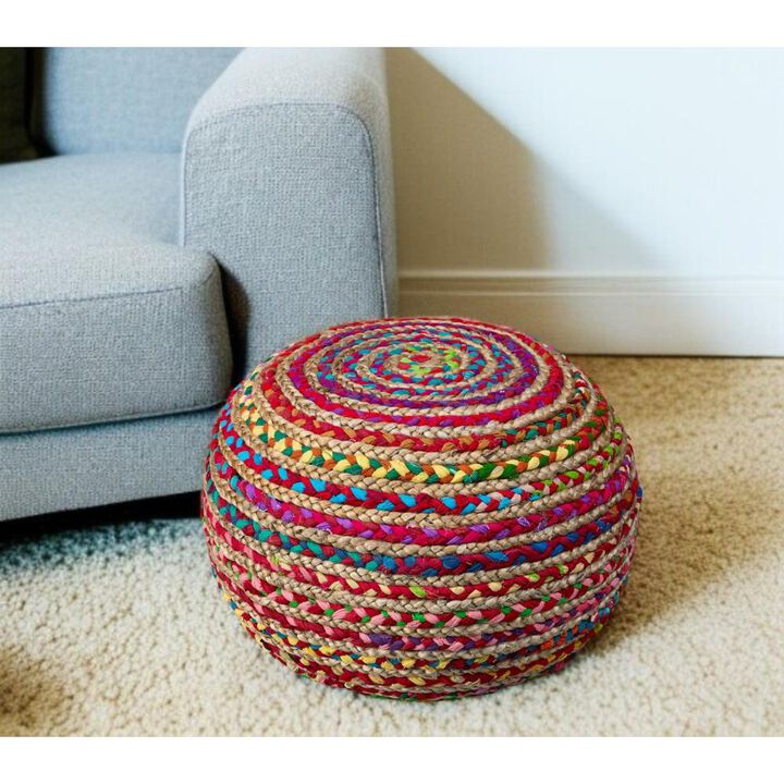 Hivvago 20 Inch Rainbow Cotton Blend Round Striped Pouf Ottoman